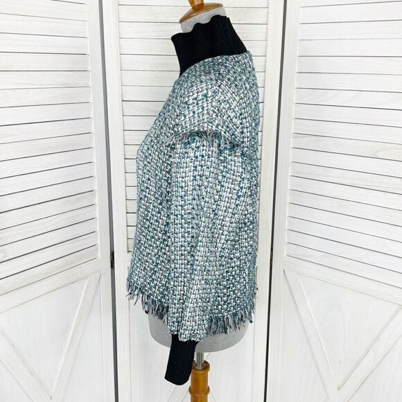 Zara Tweed Fringe Hem Mock Neck Shirt Teal White Large Crop - Picture 2 of 12
